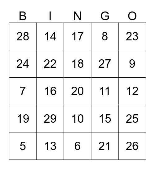 LOS NÚMEROS 1-29 Bingo Card