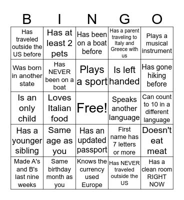 Traveler: ________________________ Bingo Card