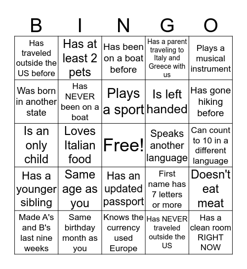 Traveler: ________________________ Bingo Card