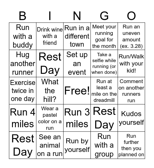 April Running Challenge Bingo Card