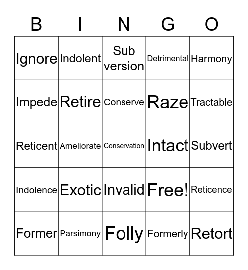 English Vocab II Bingo Card