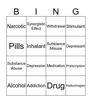 Substance Abuse and Misuse Bingo Card