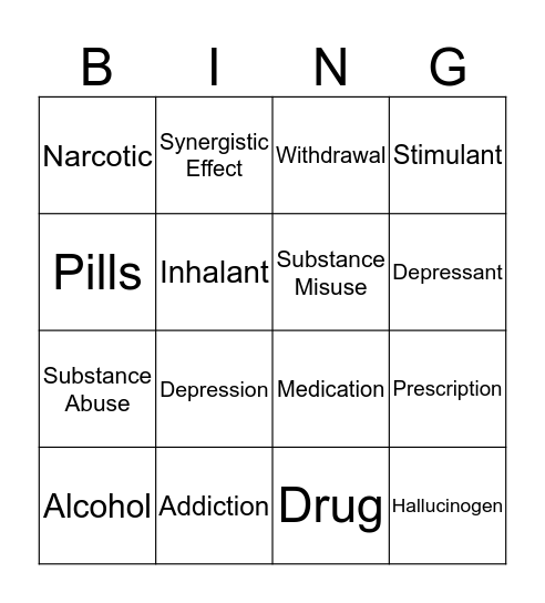 Substance Abuse and Misuse Bingo Card