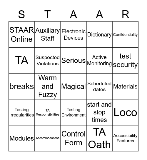 STAAR Training Bingo Card