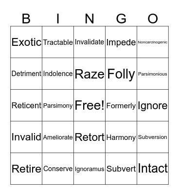 Vocabulary Bingo Card