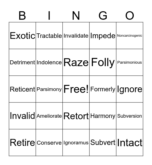 Vocabulary Bingo Card