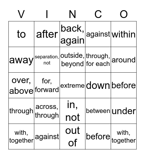 VINCO - Prefixes Bingo Card