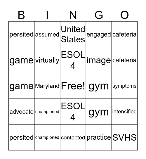 ESOL 4 Vocabulary List - Unit 4 Reading 4 Bingo Card