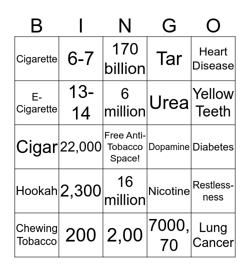 Anti-Tobacco Bingo Card