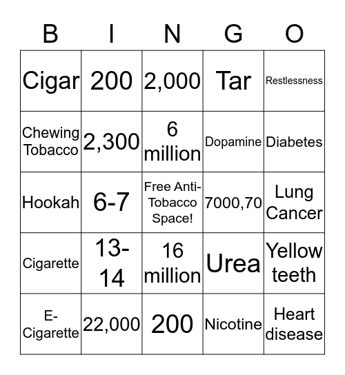 Anti-Tobacco Bingo Card