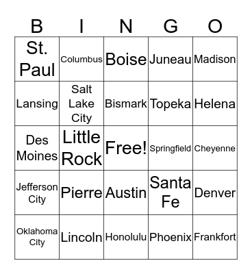 States and Capitals  Bingo Card