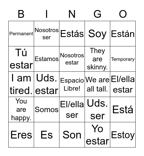 Ser y Estar Conjugation Practice Bingo Card