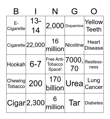 Anti-Tobacco Bingo Card