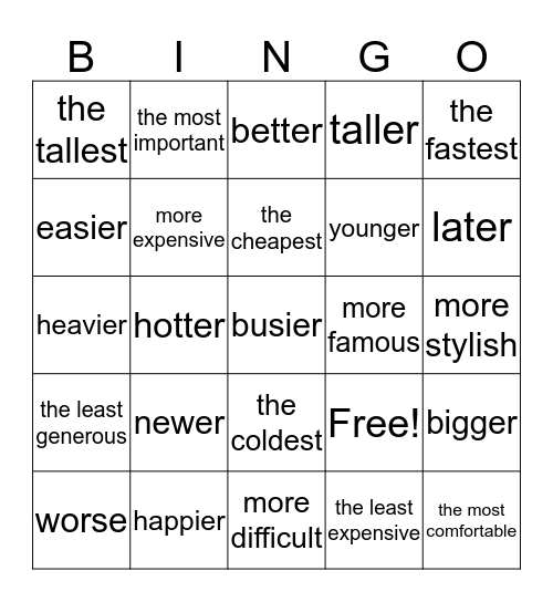 Comparative and Superlative Bingo Card