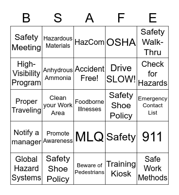 SSA Safety Bingo Card