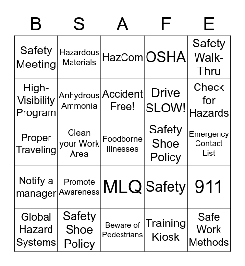 SSA Safety Bingo Card