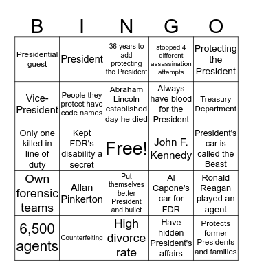 United States Secret Service Bingo Card