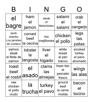 spanish food vocab Bingo Card