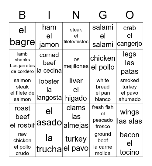 spanish food vocab Bingo Card