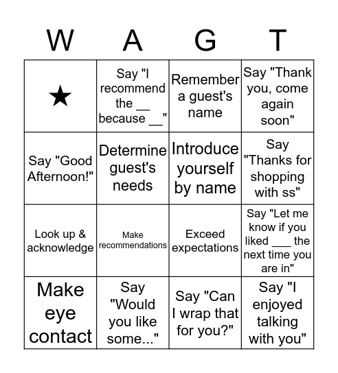 Guest Service Bingo Card