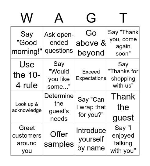 Guest Service Bingo Card