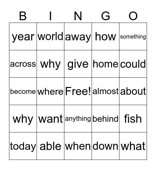 List 4 - 100 Word List Bingo Card