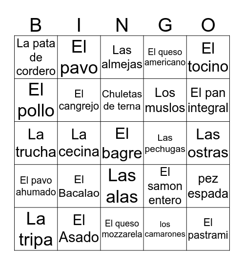 Spanish Bingo2 Bingo Card