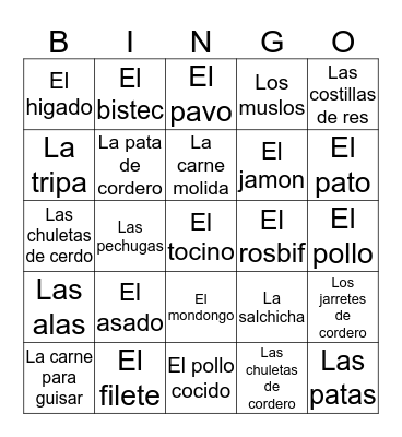 Las Carnes Bingo Card