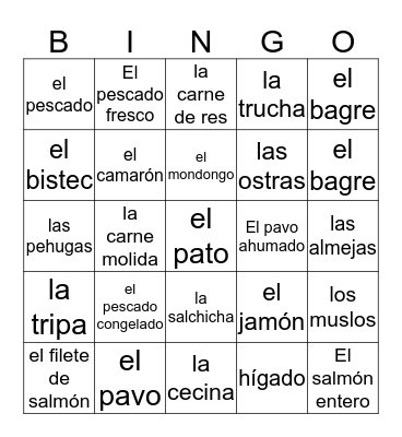 Food Bingo Card