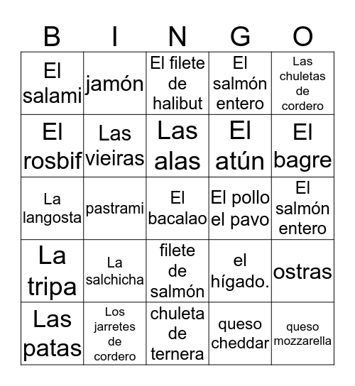 Meats and Queso Bingo Card