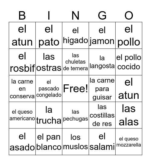 spanish vocab bingo Card