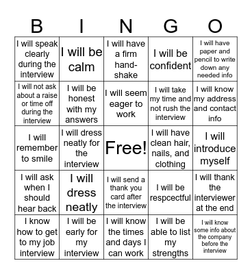 Job Interview Skills Bingo Card