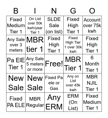 Sales Center Bingo Card