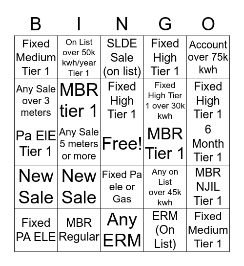 Sales Center Bingo Card