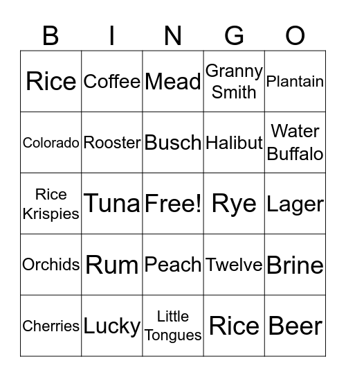 Food/Drink Bingo Card