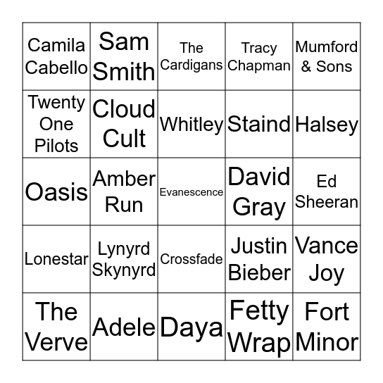 1990's/2000's Music Bingo Card