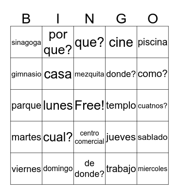 Spanish Locations Bingo Card