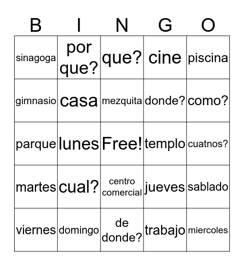 Spanish Locations Bingo Card