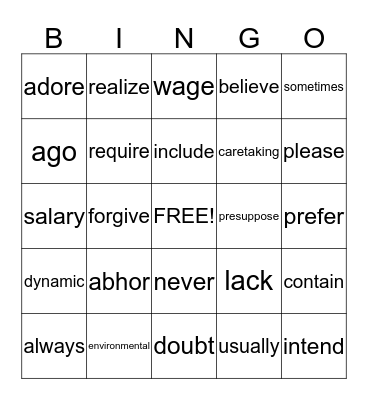 Vocabulary Bingo Card