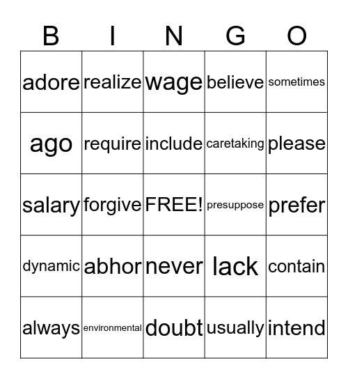 Vocabulary Bingo Card