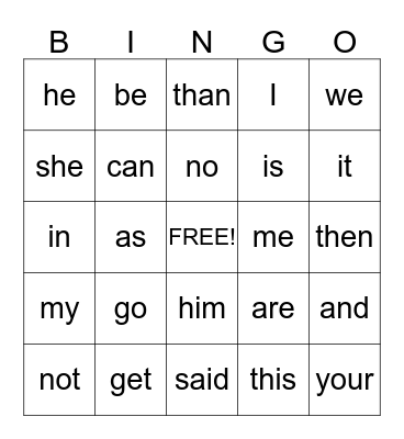 Sight Words Bingo Card