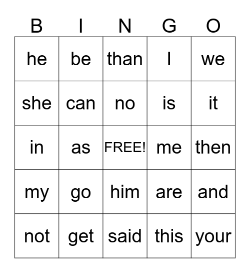 Sight Words Bingo Card