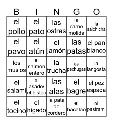 Meat Vocab Bingo Card