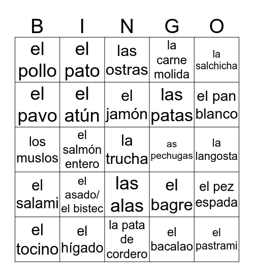 Meat Vocab Bingo Card