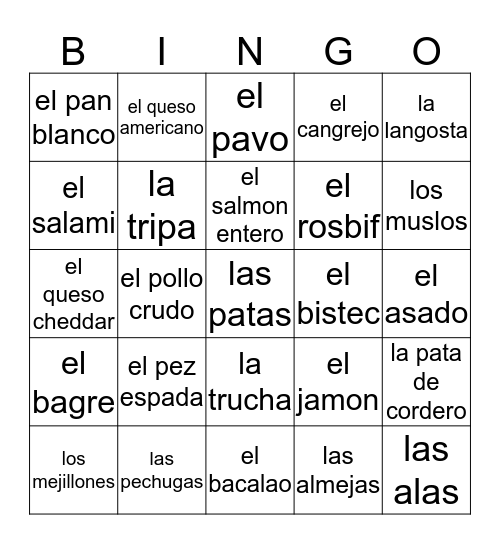 Spanish Bingo Card