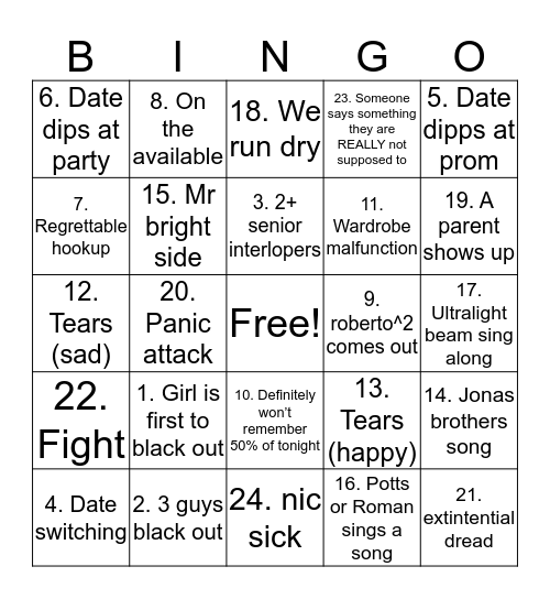 NDA Junior Prom Bingo Card