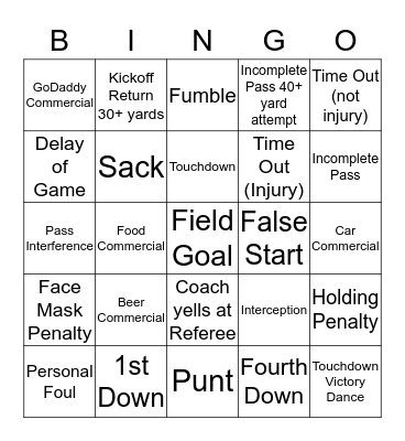 Super Bowl Bingo Card