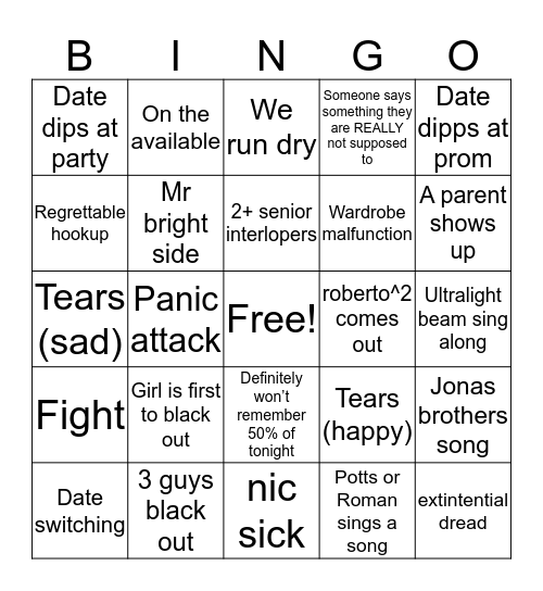 NDA Junior Prom Bingo Card