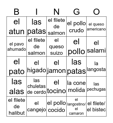 Meat and Poultry Spanish Words Bingo Card