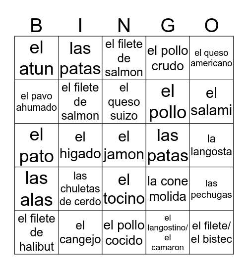 Meat and Poultry Spanish Words Bingo Card
